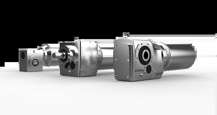 Industrial metal gearbox and motor assembly components arranged in a row on white background