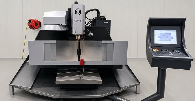 CNC milling machine with control panel display and red emergency stop button on work platform