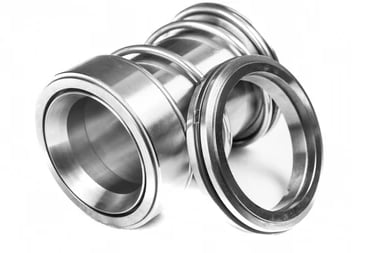 Polished stainless steel pipe fittings with threaded couplers arranged on white background